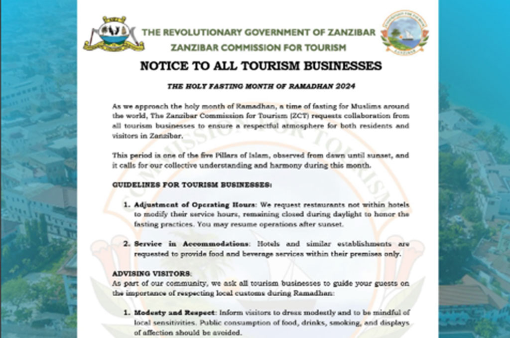 Zanzibar Guidelines for Tourism Businesses and Visitors during the Holy Fasting Month of Ramadhan 2024